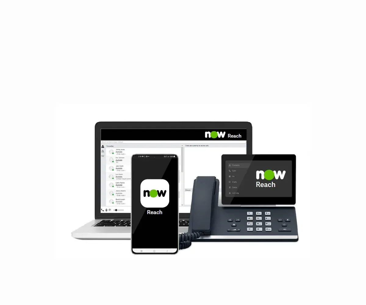 Devices showcasing Now Reach, including a laptop, smartphone, desk phone, and tablet, illustrating the state-of-the-art, cloud-based phone system