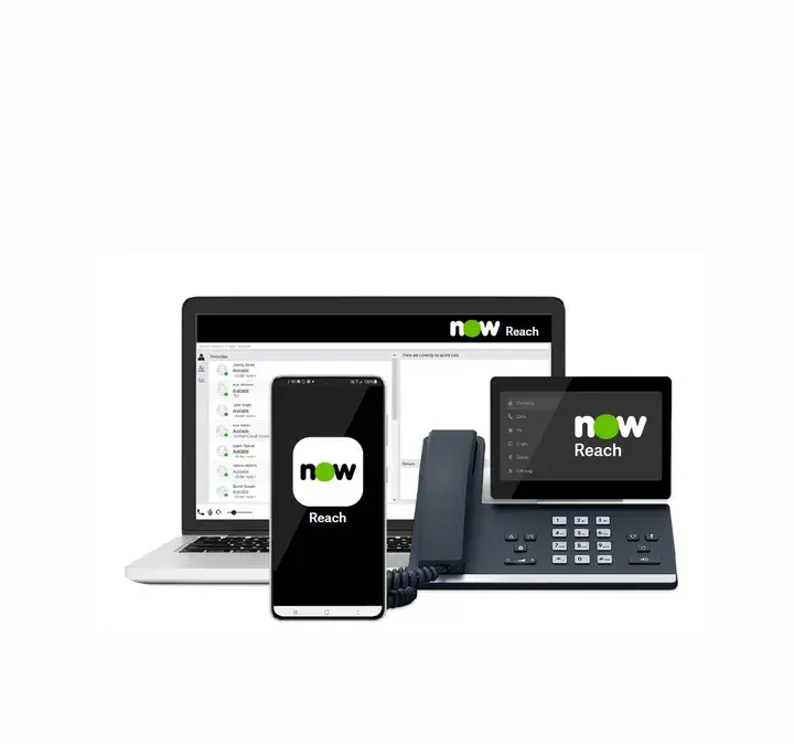 Now Reach cloud-based phone system displayed on various devices including a laptop, smartphone, desktop phone, and tablet, highlighting cost certainty and scalability for medium-sized businesses.