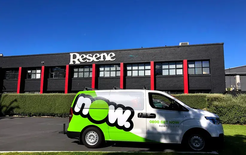 A Now-branded service van is parked outside Resene's building, highlighting the partnership between Resene and Now. In 2018, Resene faced challenges with their telecommunications and technology, leading them to seek Now's expertise to enhance their agility and operational efficiency.