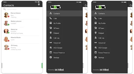 Now Reach Mobile Application interface showing contacts, calls, and customisable settings for managing office phone functions on the go.