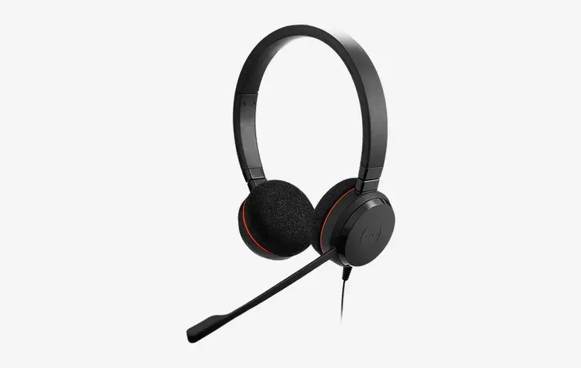 Jabra Evolve 20 professional headset with passive noise cancellation, noise-cancelling microphone, and plug-and-play compatibility with Now Reach system.