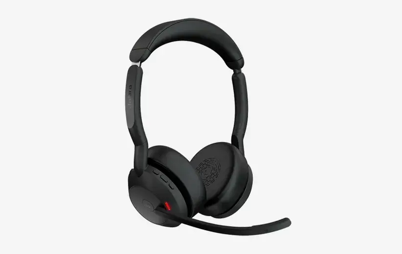 Jabra Evolve2 55 hybrid work headset with Jabra Air Comfort, active noise cancellation, noise-cancelling microphone, Bluetooth 5.2, and 16-hour talk time.