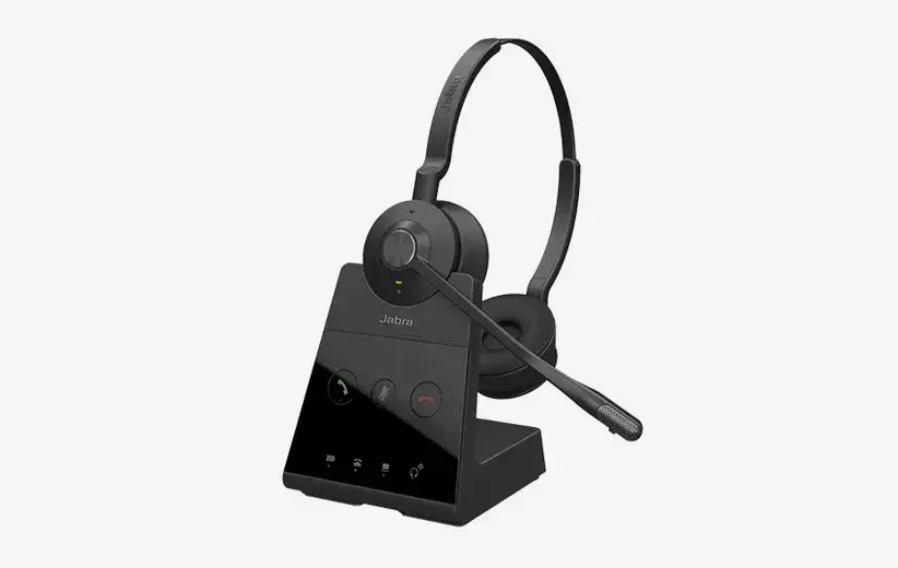 Jabra Engage 65 professional wireless headset with noise-cancelling microphone, 150-meter range, 13-hour talk time, and desk phone and softphone compatibility.